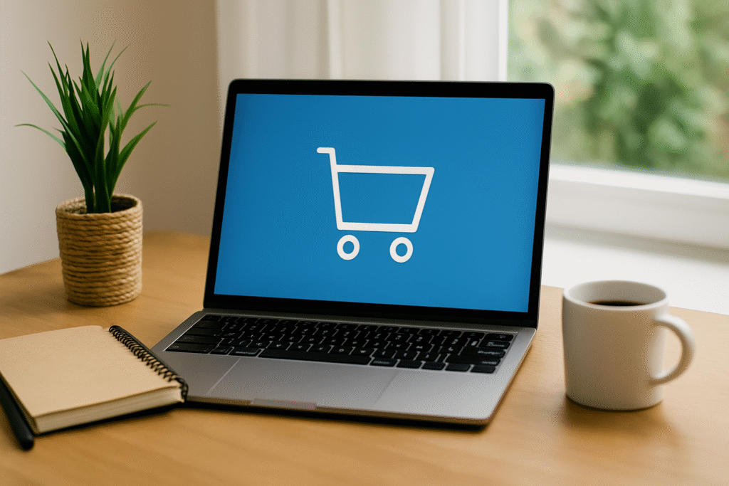 Das Bild zeigt einen aufgeschlagenen Laptop mit einem blauen Desktop. Auf dem Desktop ist das Symbol eines Einkaufswagens abgebildet. Rechts vom Laptop steht eine weiße Kaffeetasse und linkd davon eine Pflanze und ein Notizbuch.