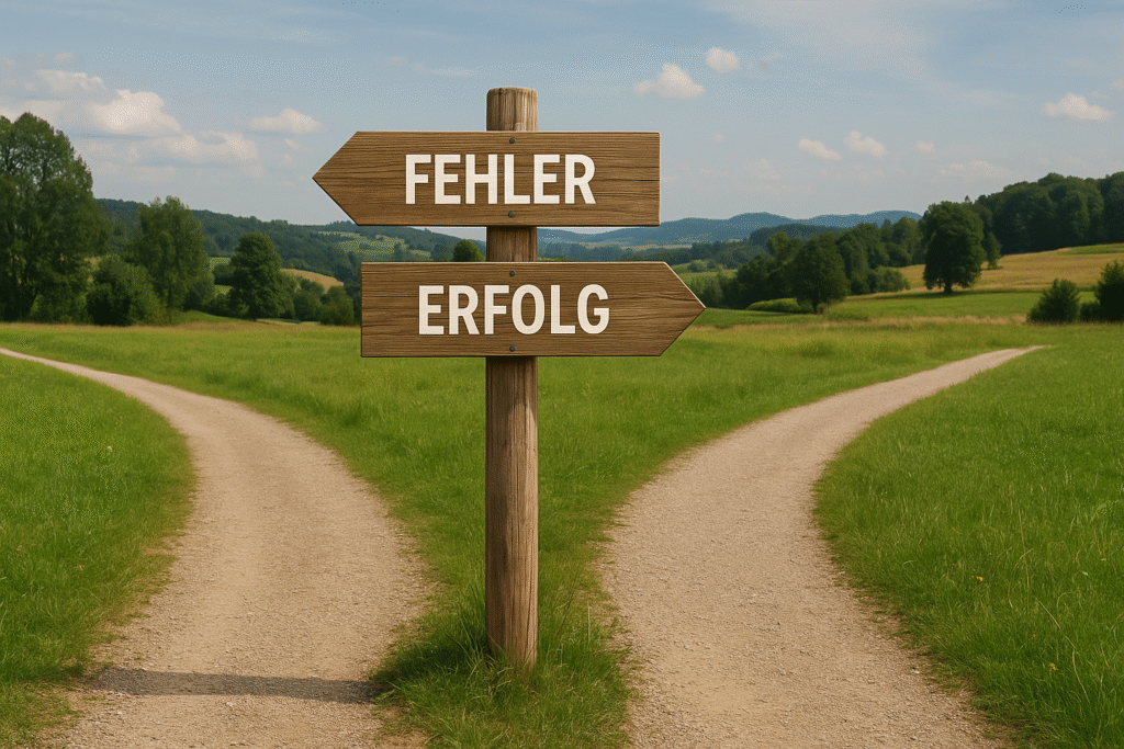Das Bild zeigt zwei Wege in der Natur, die nach links und nach rechts verlaufen. Davor steht ein Schild mit der Aufschrift Fehler für den linken Weg und Erfolg für den rechten Weg.