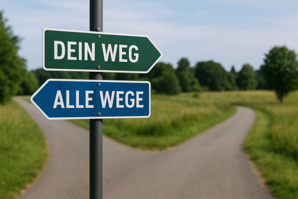 Das BIld zeigt zwei Wege mit einem Schild davor. Das obere Schild "Dein Weg" zeigt zum rechten Weg und das untere Schild "Alle Weg zeigt zum linken Weg.