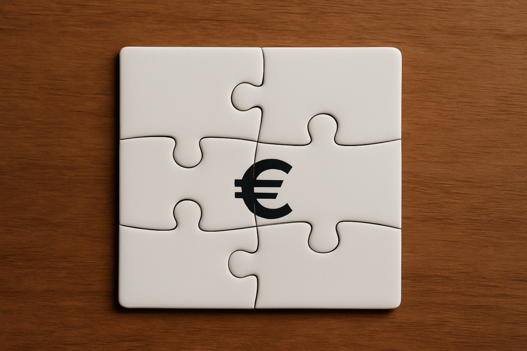 Das Bild zeigt eine dunkelbraune Unterlage, auf der ein weißes Puzzle mit 6 Teilen zusammengelegt ist. In der Mitte des Puzzles sieht man das Euro-Zeichen.