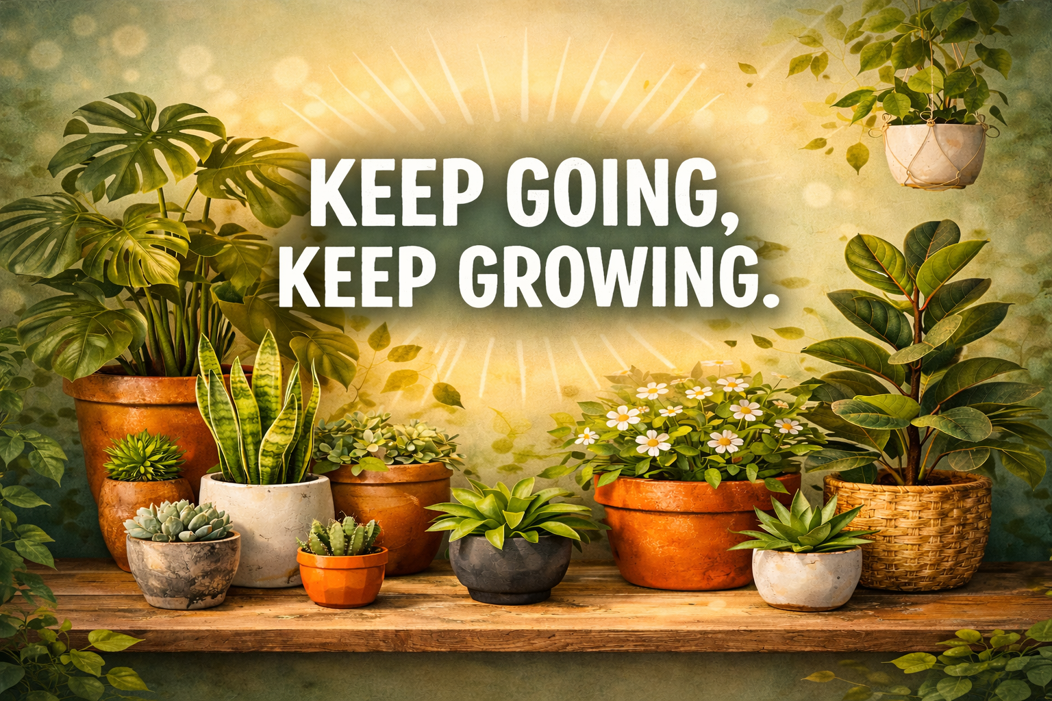 Grafik mit dem Text „KEEP GOING, KEEP GROWING.“ Auf einem Holzregal stehen mehrere Blumentöpfe mit unterschiedlichen grünen Pflanzen und Sukkulenten. Der Hintergrund ist warm, grünlich und leicht unscharf, mit dekorativen Lichtstrahlen um den Text.
