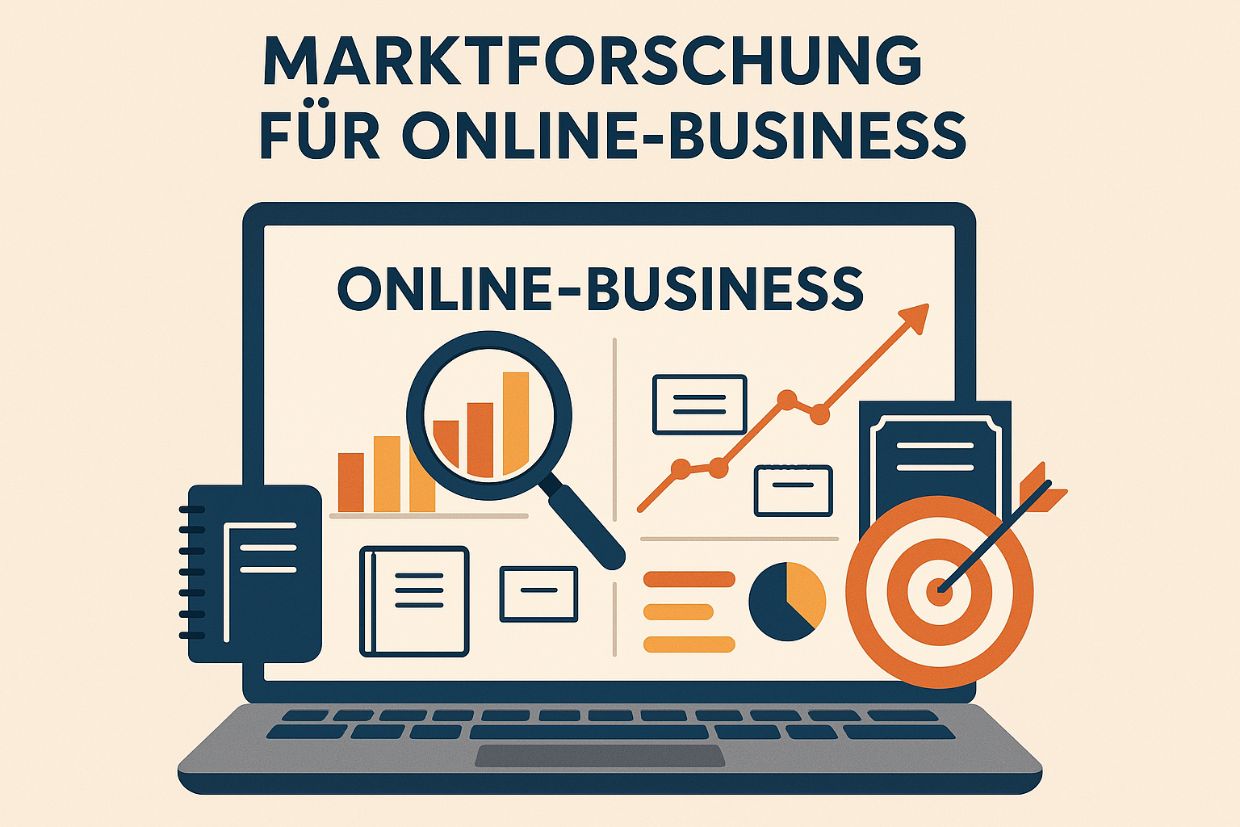 Ein Bild von einem Laptop mit der Überschrift Marktforschung für Online-Business. Auf dem Bildschirm des Laptops steht Online-Business und es sind verschiedene Symbole wie Pfeile, Zielscheiben, Statistiken zu sehen.