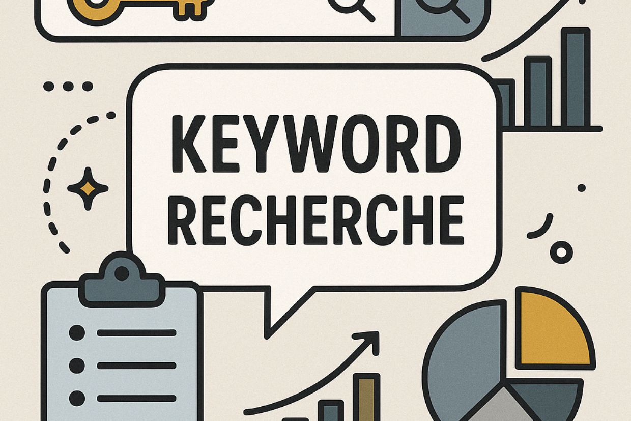 Ein Bild mit einer Sprechblase, in der Keyword Recherche steht. Außen herum sieht man verschiedene Symbole wie ein Balkendiagramm, ein Säulendiagramm und einen Schlüssel.