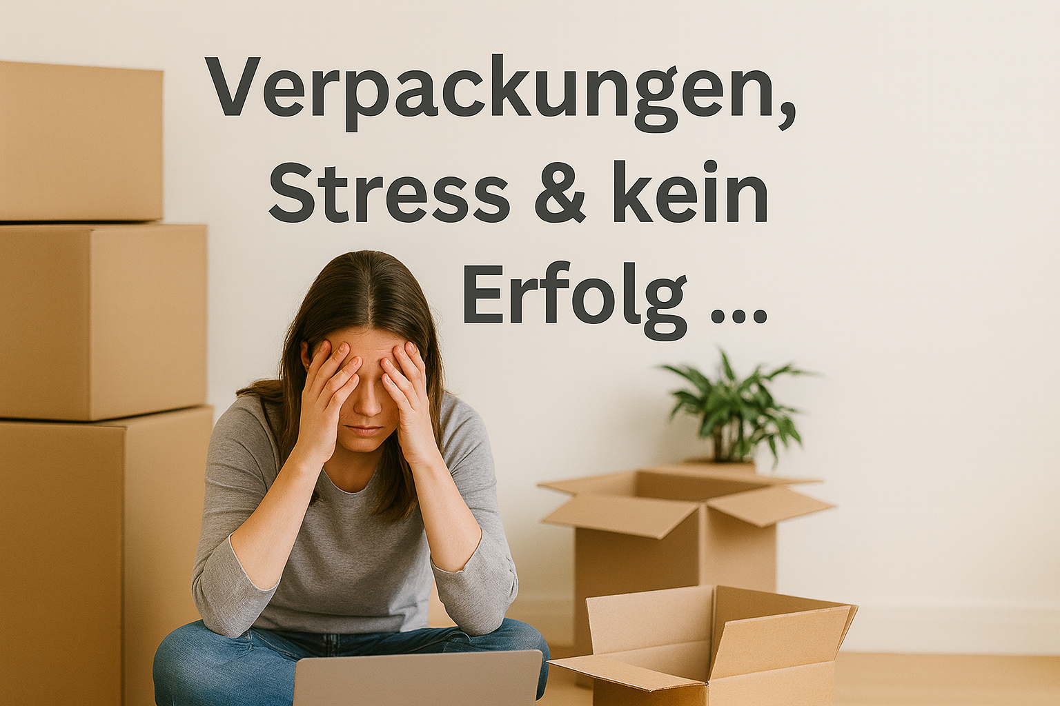 Gestresste Frau am Laptop zwischen Kartons – gescheiterter Versuch, online geld zu verdienen mit Verpackungen.