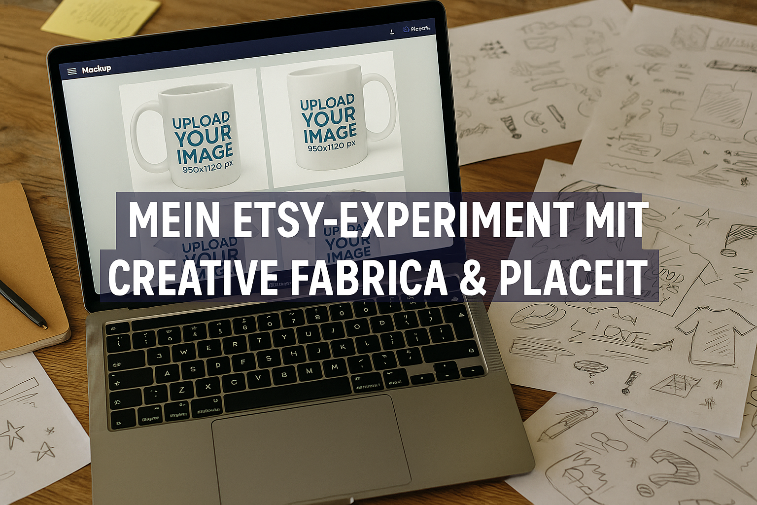 Laptop mit Mockups von Tassen. Text "mein Etsy-Experiment mit Creative Fabrica und Placeit, ein Versuch online geld zu verdienen."
