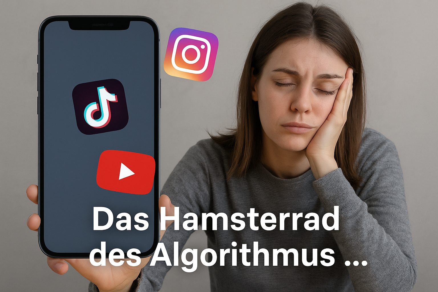 Müde Frau zeigt frustriert ihr Handy mit TikTok, YouTube und Instagram Logos – Symbol für das Hamsterrad der Algorithmen beim Versuch, online geld zu verdienen.
