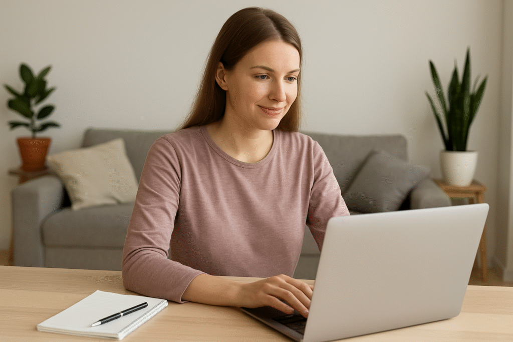 Junge Frau arbeitet konzentriert am Laptop zu Hause – Symbol für Motivation und die Chance, online Geld zu verdienen.