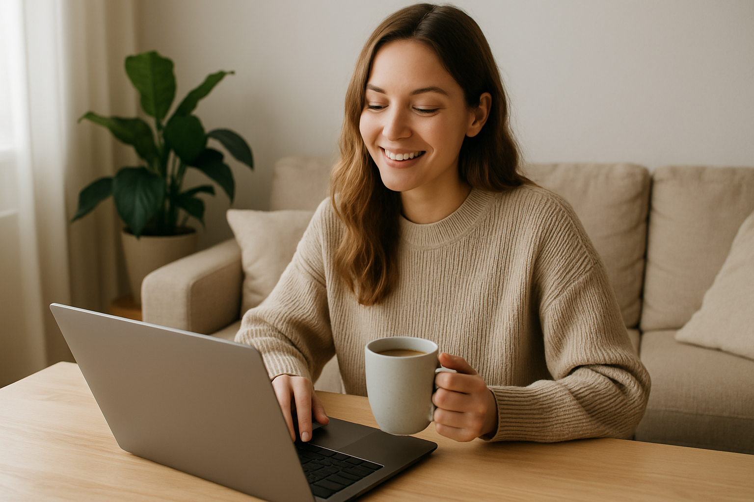 Junge Frau sitzt mit Kaffee am Laptop im Wohnzimmer – Symbol für ortsunabhängiges Arbeiten und Einkommen durch digitale Produkte.
