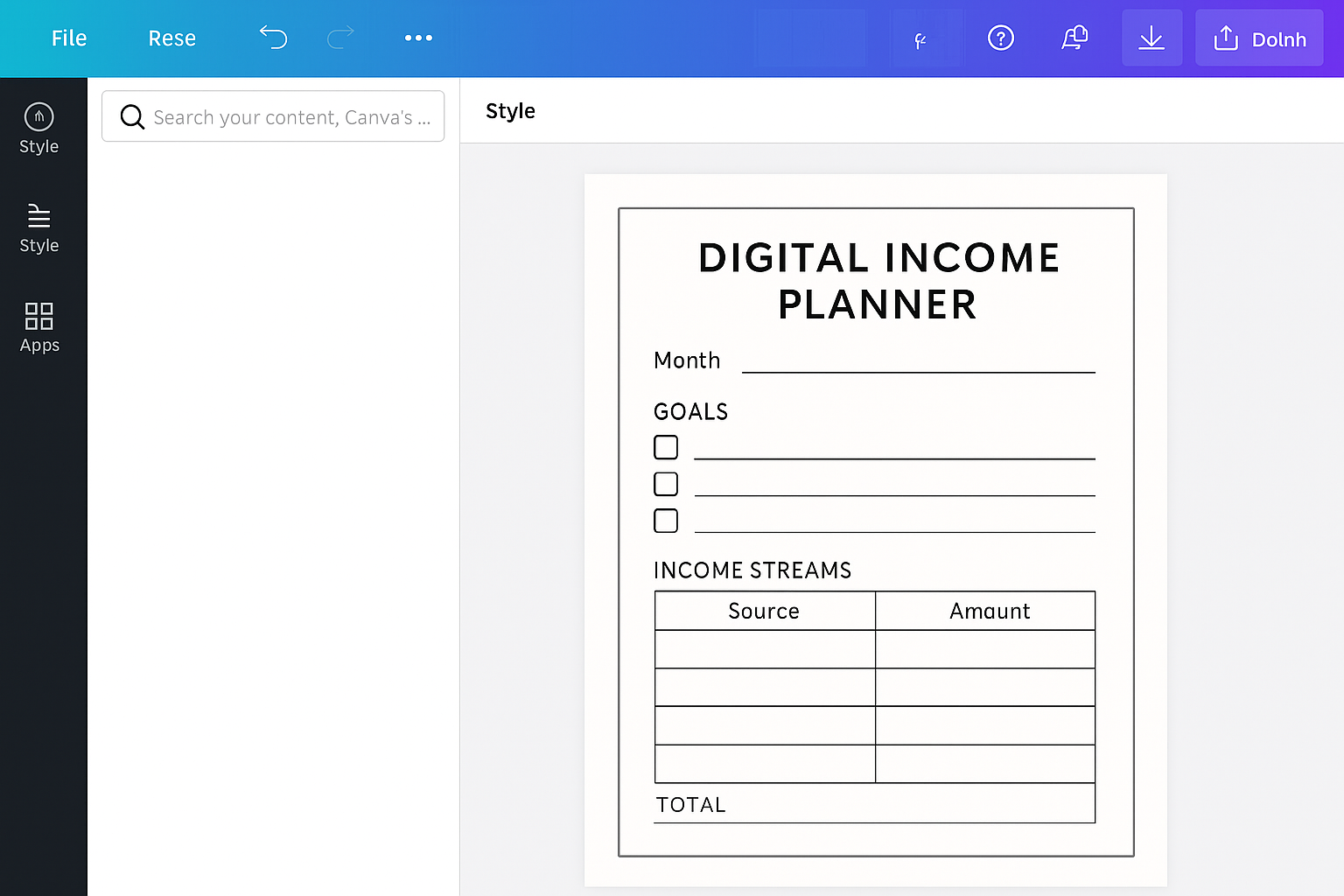 Screenshot eines digitalen Income Planners in Canva – Beispiel für digitale Produkte, die erstellt und online verkauft werden können.