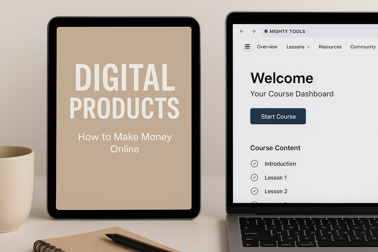 Tablet mit Schriftzug Digitale Produkte und Laptop mit Online-Kurs-Dashboard – Symbol für digitale Produkte zum Geld verdienen