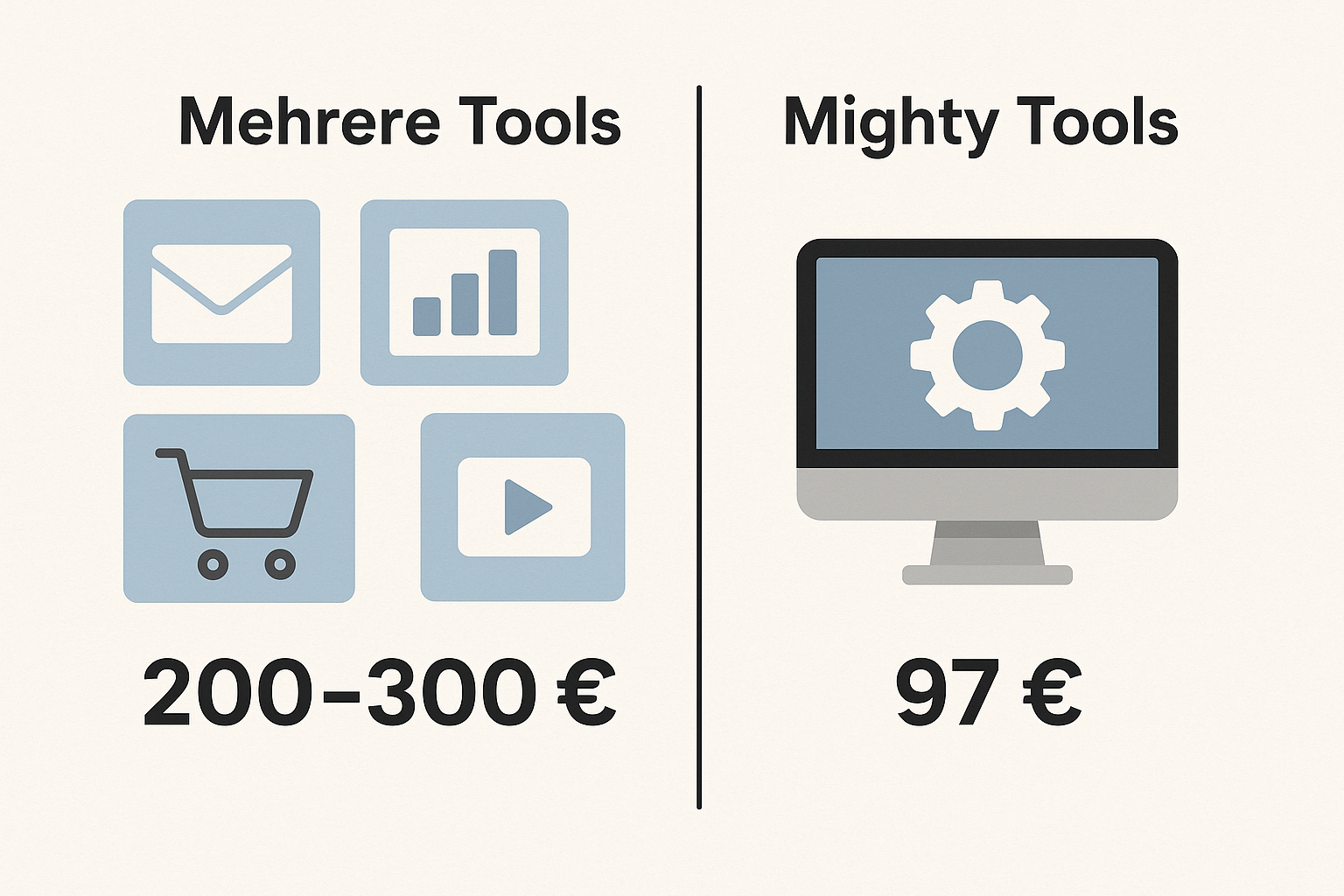 Vergleichsgrafik: Mehrere Tools kosten 200–300 €, Mighty Tools nur 97 € – effiziente Lösung für digitale Produkte und Online-Business.