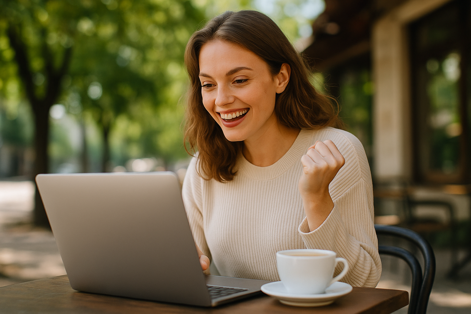 Glückliche Frau arbeitet am Laptop im Café – Symbol für Freiheit und Erfolg mit digitalen Produkten.