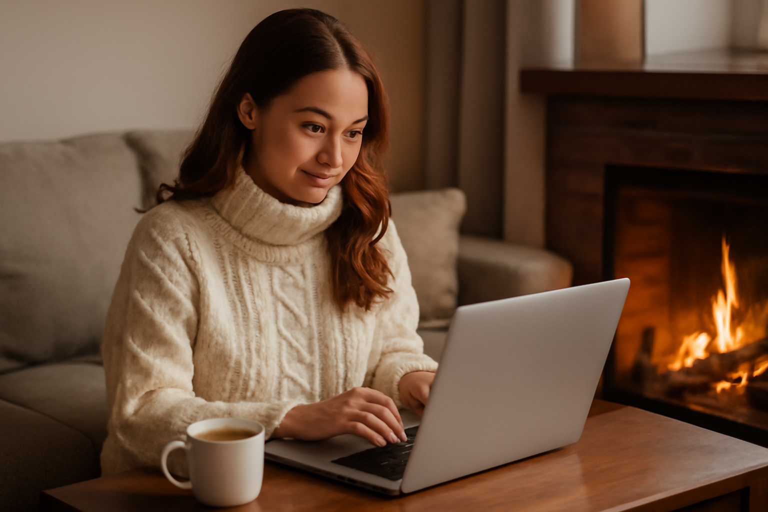 Frau im gemütlichen Pullover arbeitet am Laptop vor einem Kamin – der ideale Einstieg ins POD Business auf Etsy.
