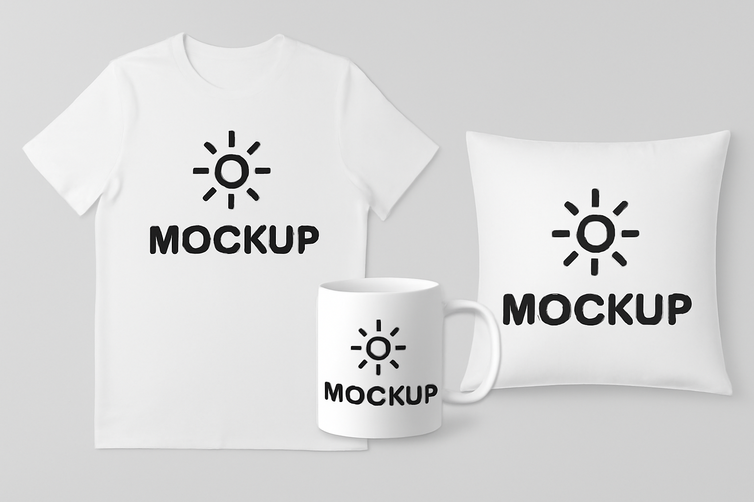 Mockup von T-Shirt, Tasse und Kissen mit Design – Beispiel für Print-on-Demand Produkte.
