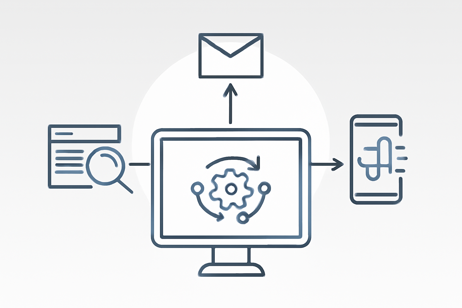 Bild, das Workflow für Online Business – von der Recherche über E-Mail-Marketing bis hin zur Nutzung mobiler Geräte zeigt.