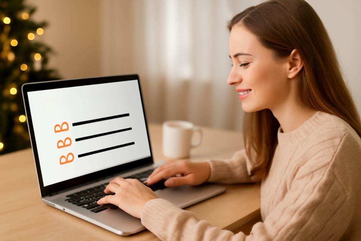 Frau arbeitet am Laptop mit einem Screenshot von Listenpunkten – Symbol für Planung und Organisation im POD Business.