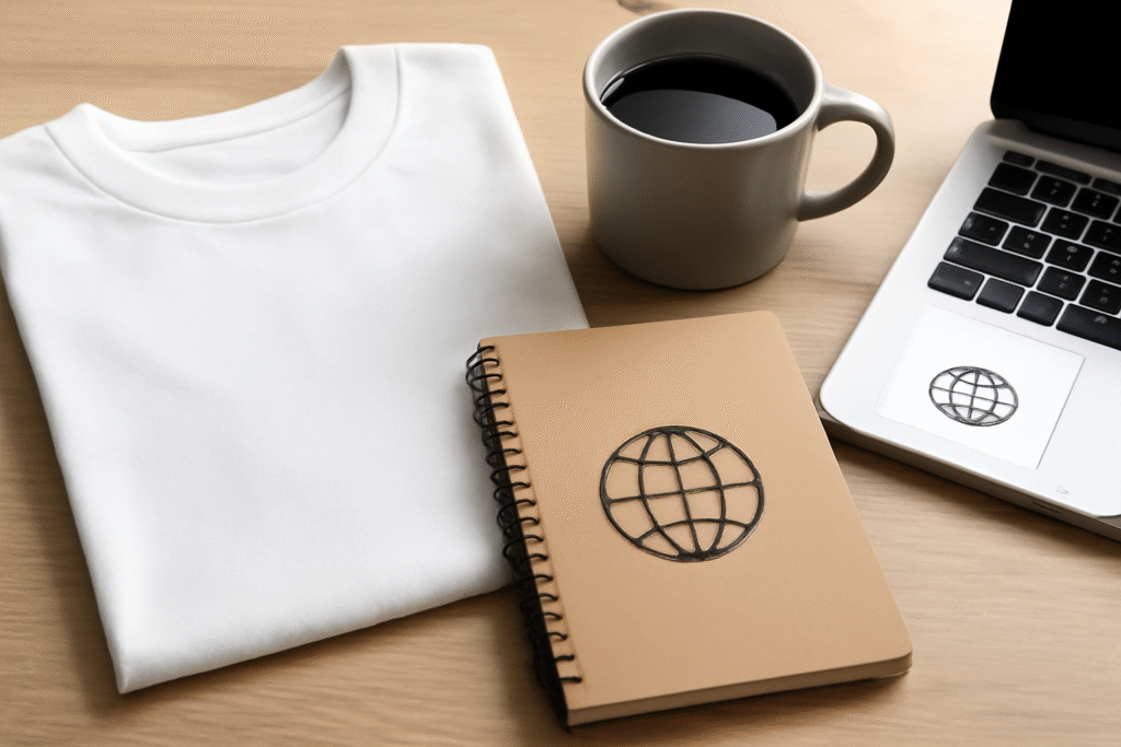 Bild mit T-Shirt, Notizbuch und Laptop auf einem Tisch – Symbol für den Einstieg ins Print-on-Demand Business.