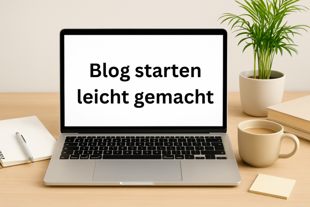 Laptop auf dem Schreibtisch mit dem Text ‚Blog starten leicht gemacht‘ auf dem Bildschirm, Schritt-für-Schritt-Anleitung zum Bloggen.