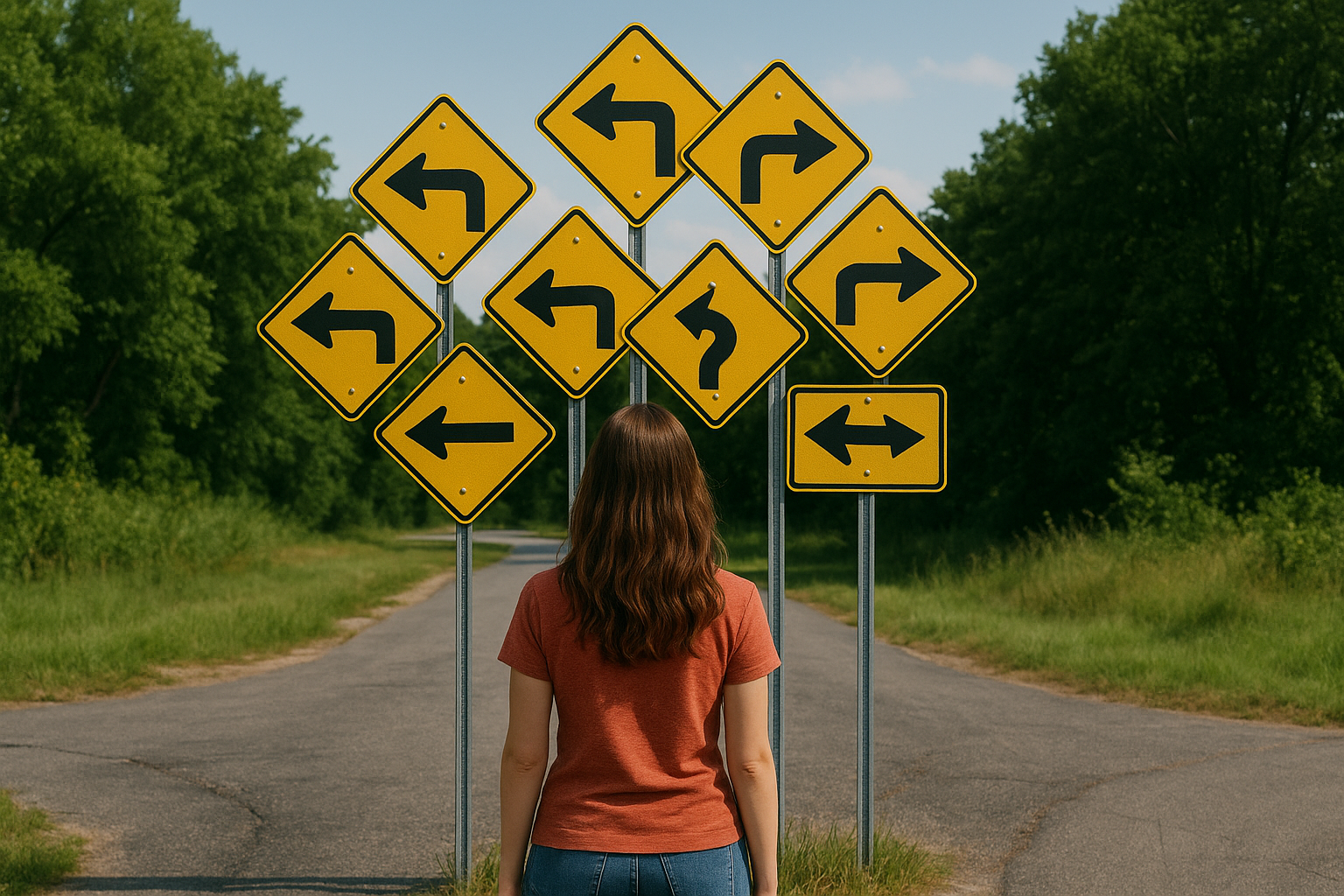 Eine junge Frau steht vor einem Wegweiser. Symbolisiert die Entscheidung, einen Blog zu starten – Anleitung für den Blog-Start.