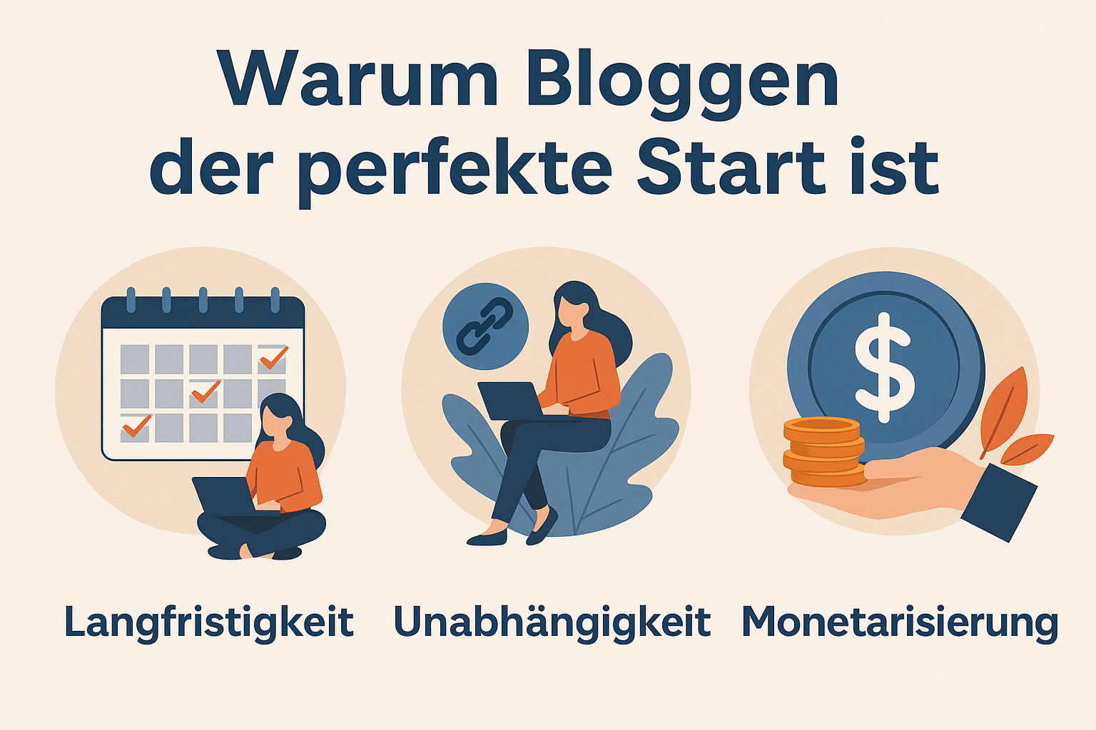Illustration von drei Symbolen, die die Vorteile des Bloggens zeigen: Langfristigkeit, Unabhängigkeit und Monetarisierung.
