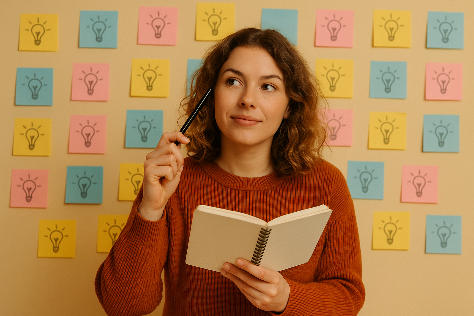 Person denkt nach und hält ein Notizbuch, umgeben von bunten Post-its mit Glühbirnen-Symbolen für Ideen, z.B. für den Start eines Blogs im Online-Business.