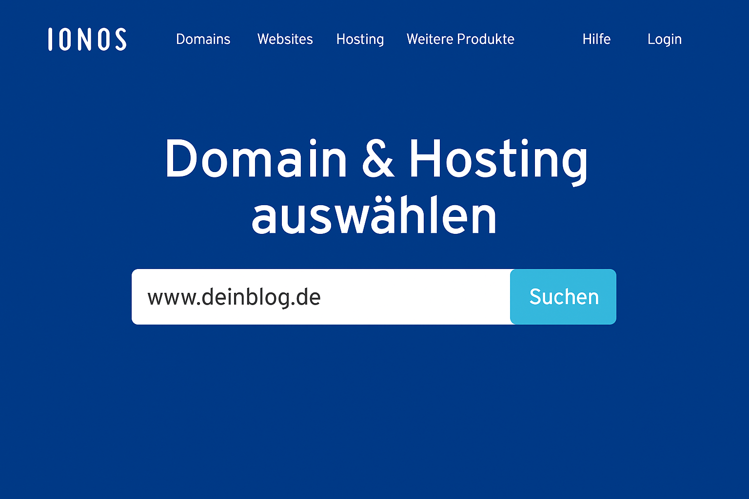 Screenshot der blauen IONOS-Website mit der Option, eine Domain und Hosting auszuwählen, um einen Blog zu starten.