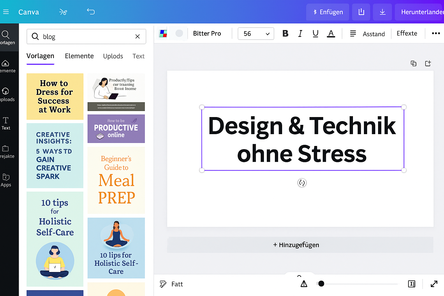 Screenshot von Canva, auf dem der Text ‚Design & Technik ohne Stress‘ in einem Design-Tool angezeigt wird.