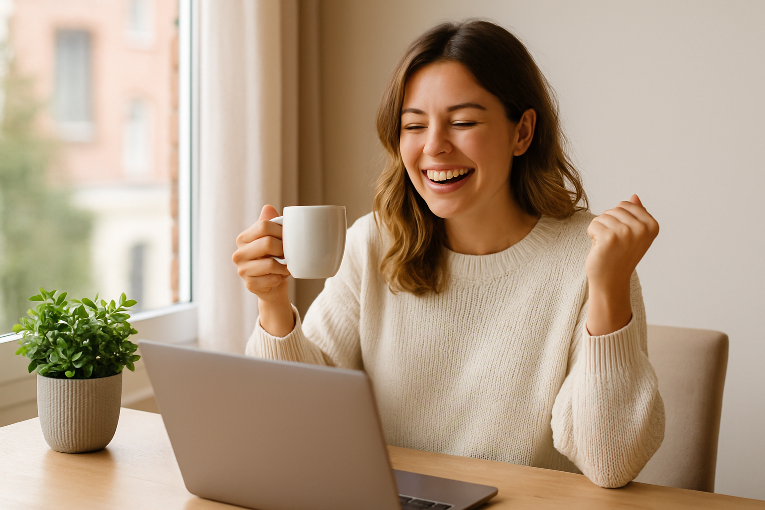 Erfolgreiche Frau arbeitet am Laptop, freut sich über ihren Fortschritt beim Bloggen