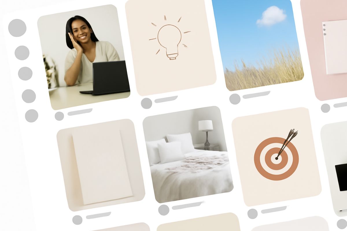 Bildergalerie mit verschiedenen Icons und Bildern, die das kreative Design für ein Print-on-Demand Business symbolisieren.