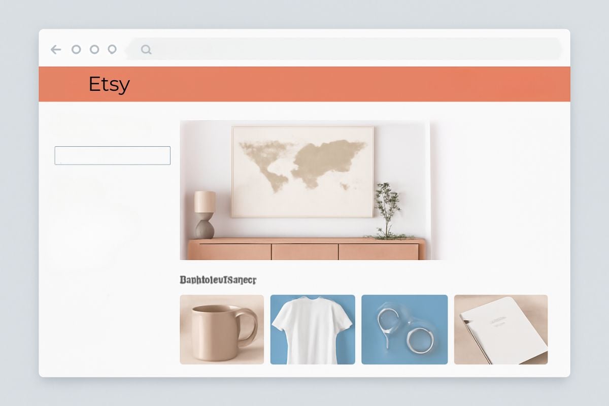 Etsy-Shop mit verschiedenen POD-Produkten – Tasse, T-Shirt und Notizbuch als Beispiele für Print-on-Demand Produkte.