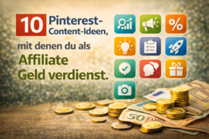 Grafik mit dem Text „10 Pinterest-Content-Ideen, mit denen du als Affiliate Geld verdienst“, daneben farbige Icon-Kacheln (Lupe, Megafon, Prozentzeichen, Glühbirne, Checkliste, Rakete, Häkchen, Köpfe, Geschenk, Kamera) sowie Euro-Banknoten und gestapelte Münzen auf einem Holztisch.