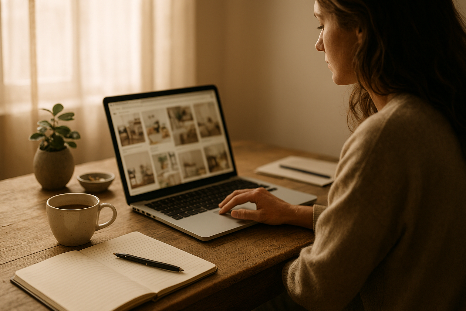 Frau sitzt am Schreibtisch und scrollt durch Pinterest-Inspirationen auf dem Laptop – zeigt den Start in die Pinterest-Strategie und erste Schritte zum Online-Business.