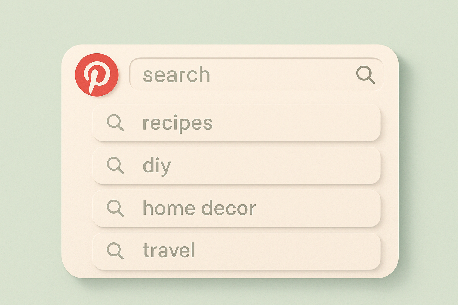 Pinterest-Suchleiste mit beliebten Keywords wie Rezepte, DIY, Home Decor und Travel – Darstellung der Pinterest-Suchfunktion für Content-Ideen.