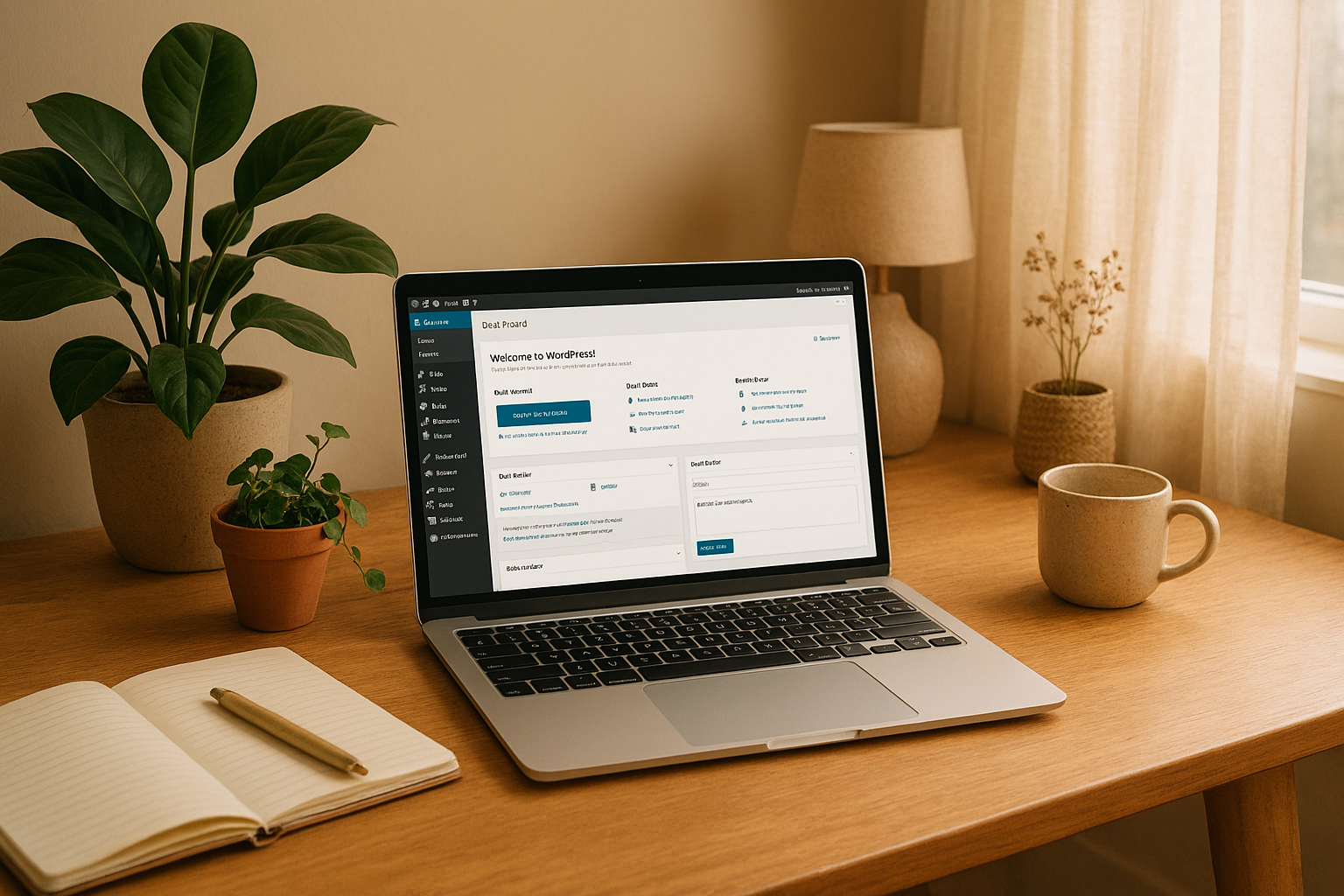 Laptop mit geöffnetem WordPress-Dashboard auf einem Schreibtisch mit Pflanzen und Notizbuch – Start eines Blogs im Online-Business.