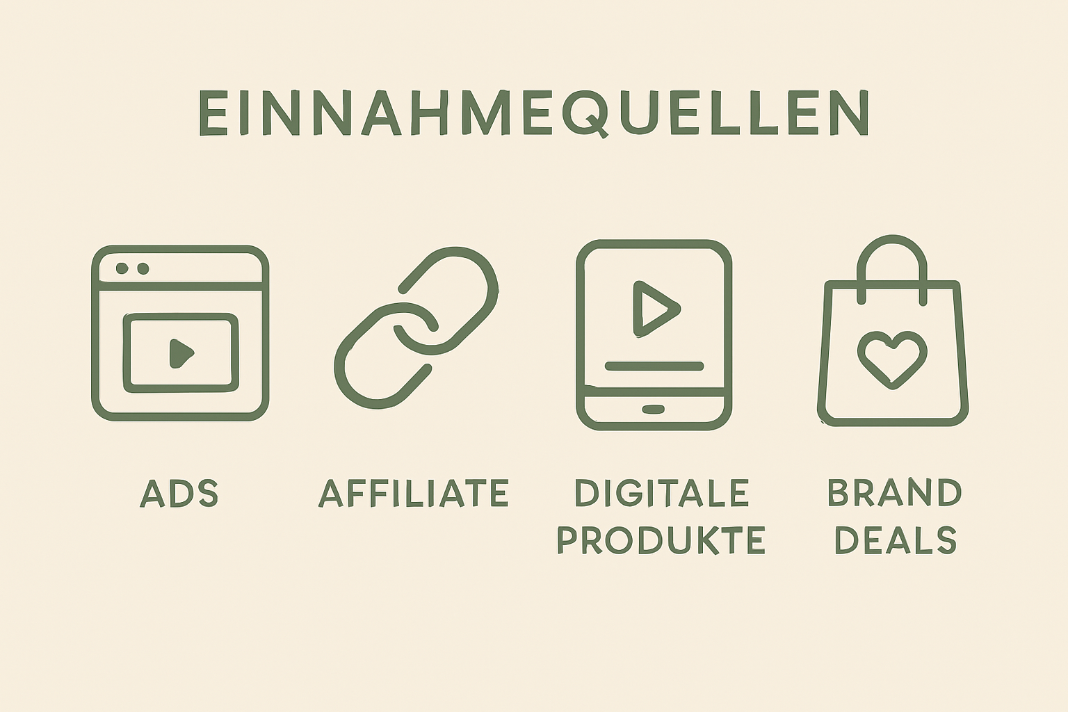 Infografik mit vier Einnahmequellen im Online-Business: Ads, Affiliate-Marketing, digitale Produkte und Brand Deals.