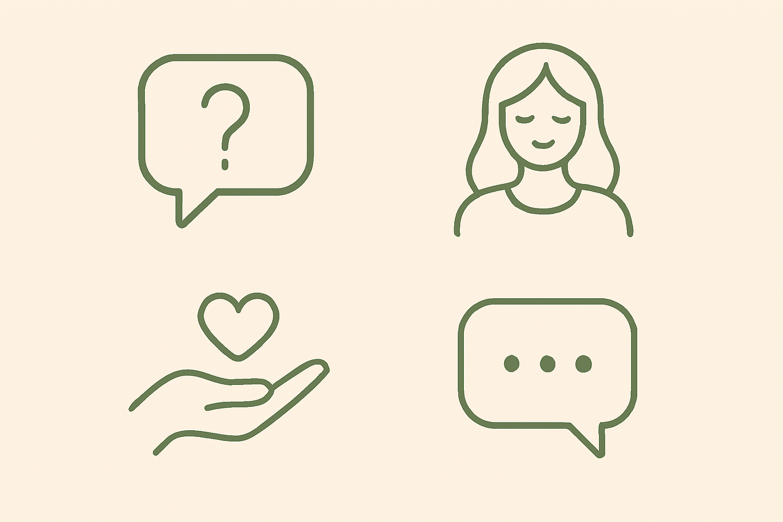 Vier minimalistische Icons: Fragezeichen, lächelnde Frau, Hand mit Herz und Sprechblase – Visualisierung von Community, Fragen und Support.