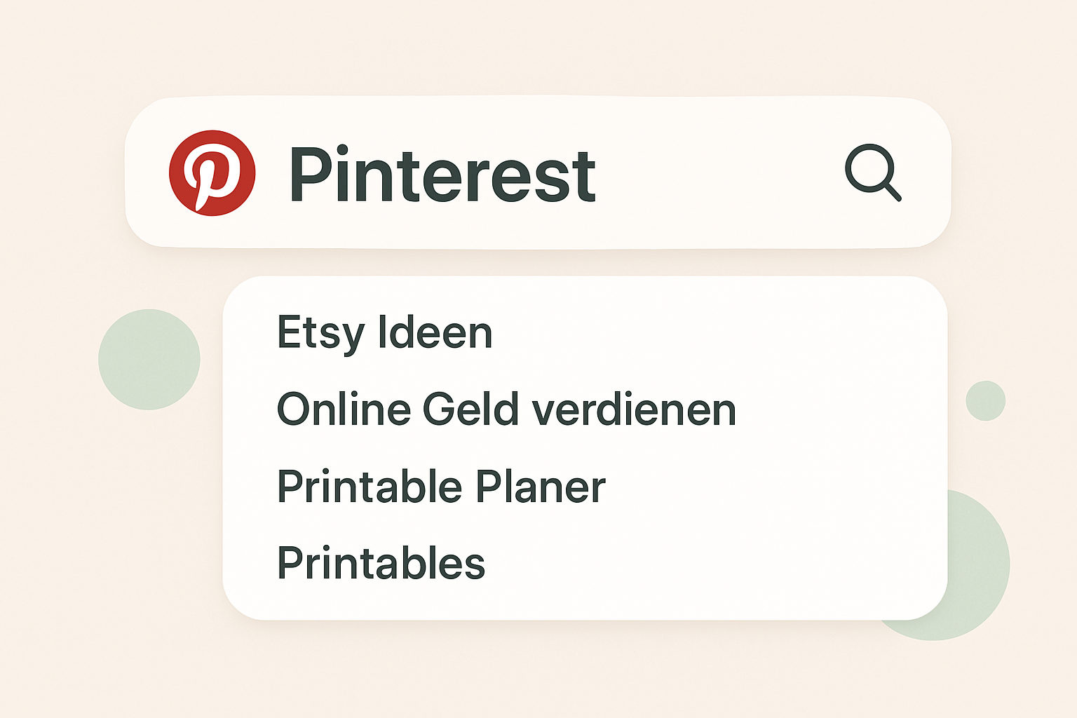 Pinterest-Suchleiste mit Suchvorschlägen wie Etsy Ideen, Online Geld verdienen und Printable Planner – zeigt, wie Pinterest als Traffic-Suchmaschine funktioniert.