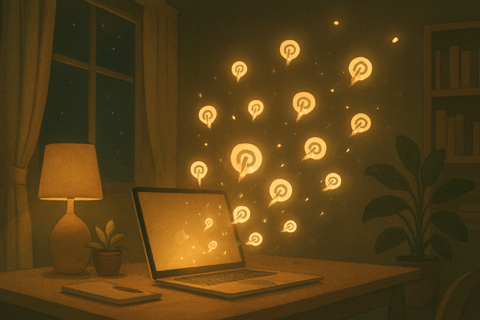 Laptop in einem abgedunkelten Raum, aus dem zahlreiche leuchtende Pinterest-Icons aufsteigen – visuelle Darstellung von stetigem, organischem Traffic durch Pinterest.