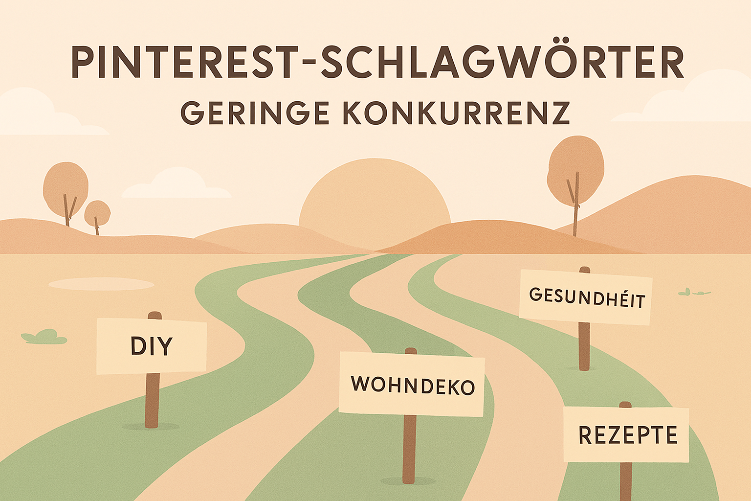 Illustration mit Schildern für Pinterest-Schlagwörter wie DIY, Wohndeko, Gesundheit und Rezepte, die geringe Konkurrenz und gute Ranking-Chancen darstellen.