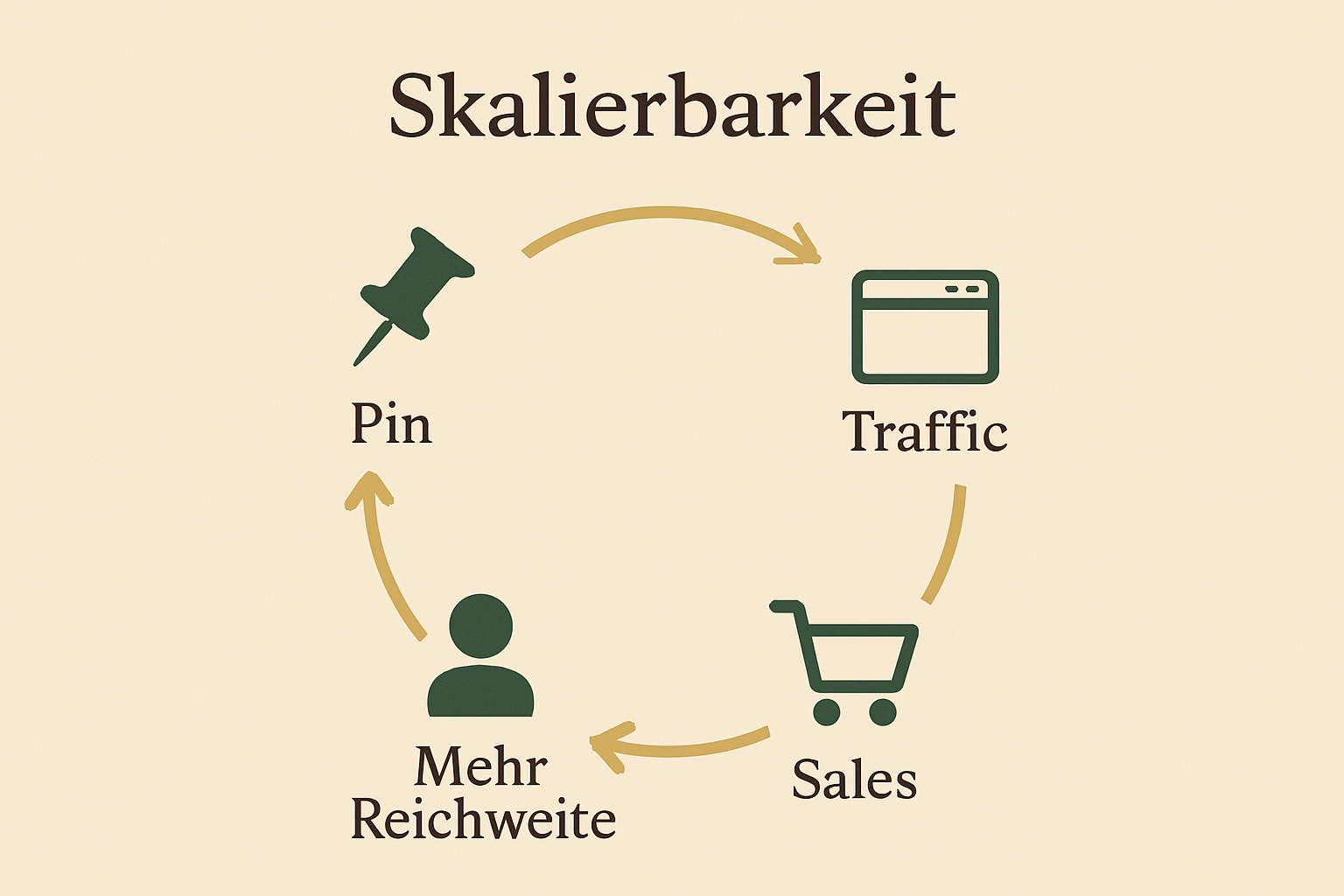 Infografik zum Pinterest-Wachstumszyklus: Ein Pin erzeugt Traffic, dieser führt zu Sales, mehr Reichweite und neuen Pins – Darstellung der Skalierbarkeit.