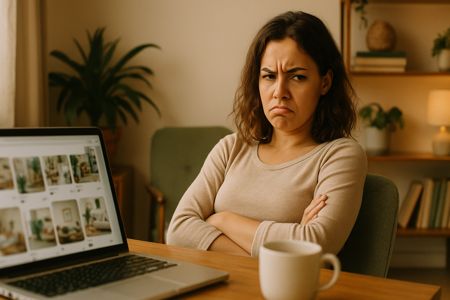 Frau sitzt frustriert vor ihrem Laptop und scrollt durch Pinterest – symbolisiert das Chaos und die Überforderung vieler Anfänger, bevor sie eine klare Content-Strategie entwickeln.
