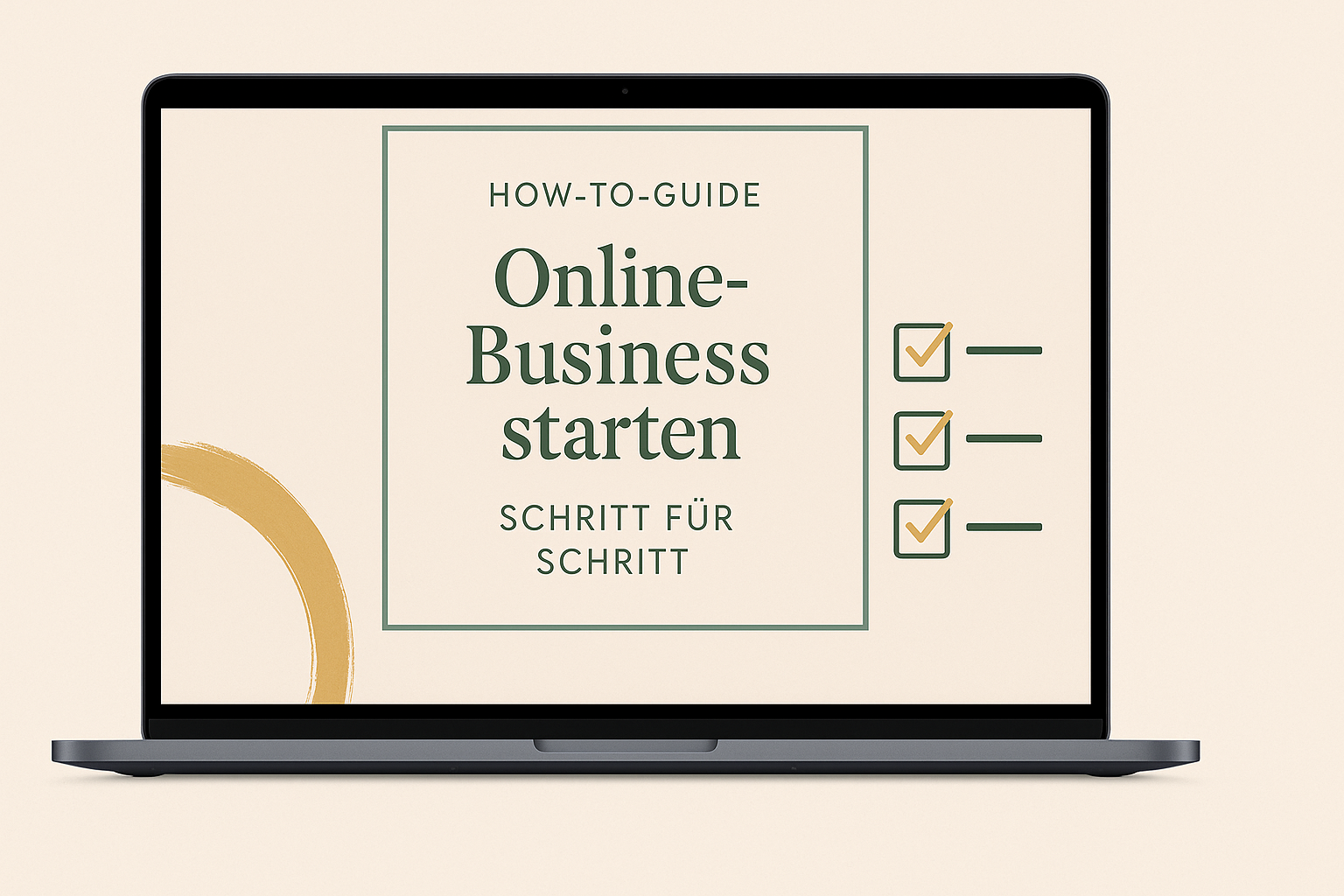 Laptop mit einer How-To-Grafik zum Thema Online-Business starten Schritt für Schritt – visualisiert systematische Content-Erstellung und Affiliate-Strategien.