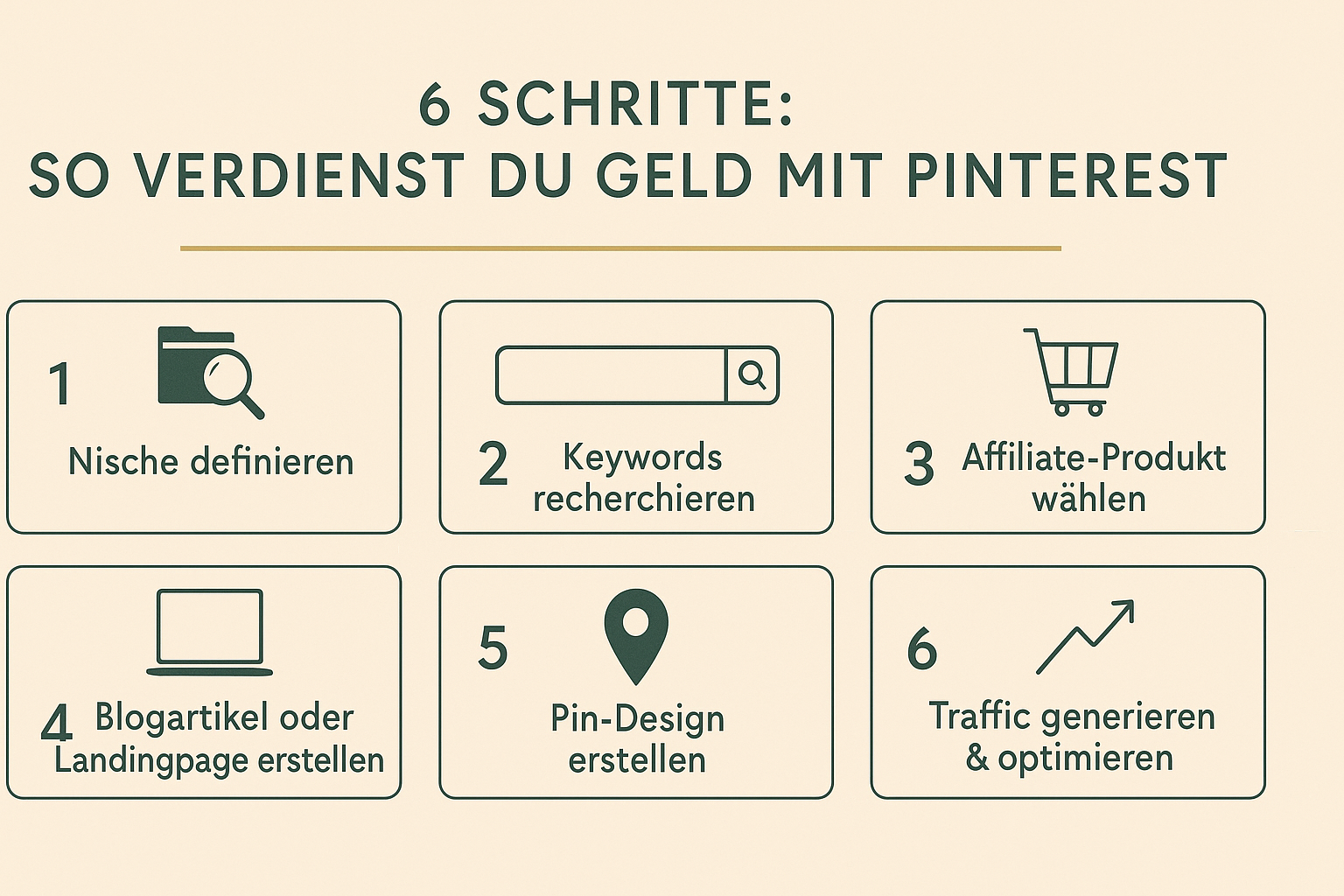 Infografik zeigt 6 Schritte, wie man mit Pinterest als Affiliate Geld verdient: Nische definieren, Keywords recherchieren, Affiliate-Produkt wählen, Blogartikel erstellen, Pin-Design erstellen, Traffic generieren. Ideal für Anfänger und Mütter, die online Geld verdienen oder passiv Geld verdienen möchten.