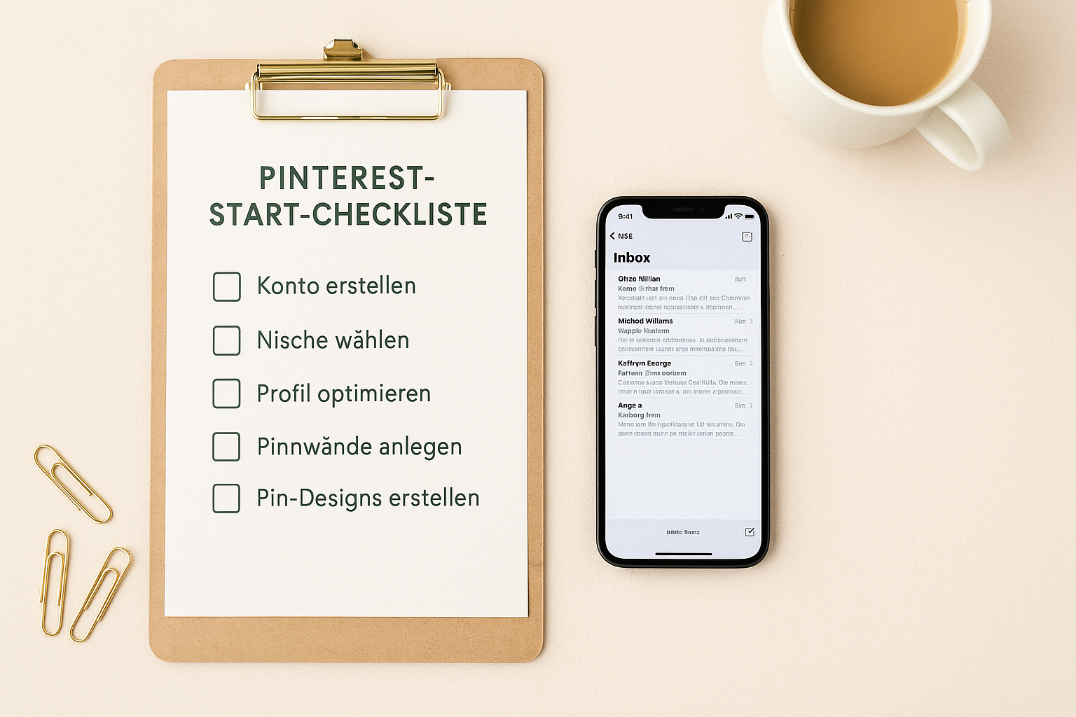 Pinterest Start-Checkliste mit den Schritten: Konto erstellen, Nische wählen, Profil optimieren, Pinnwände anlegen, Pin-Designs erstellen. Ideal für Anfängerinnen und Mütter, die online Geld verdienen wollen.