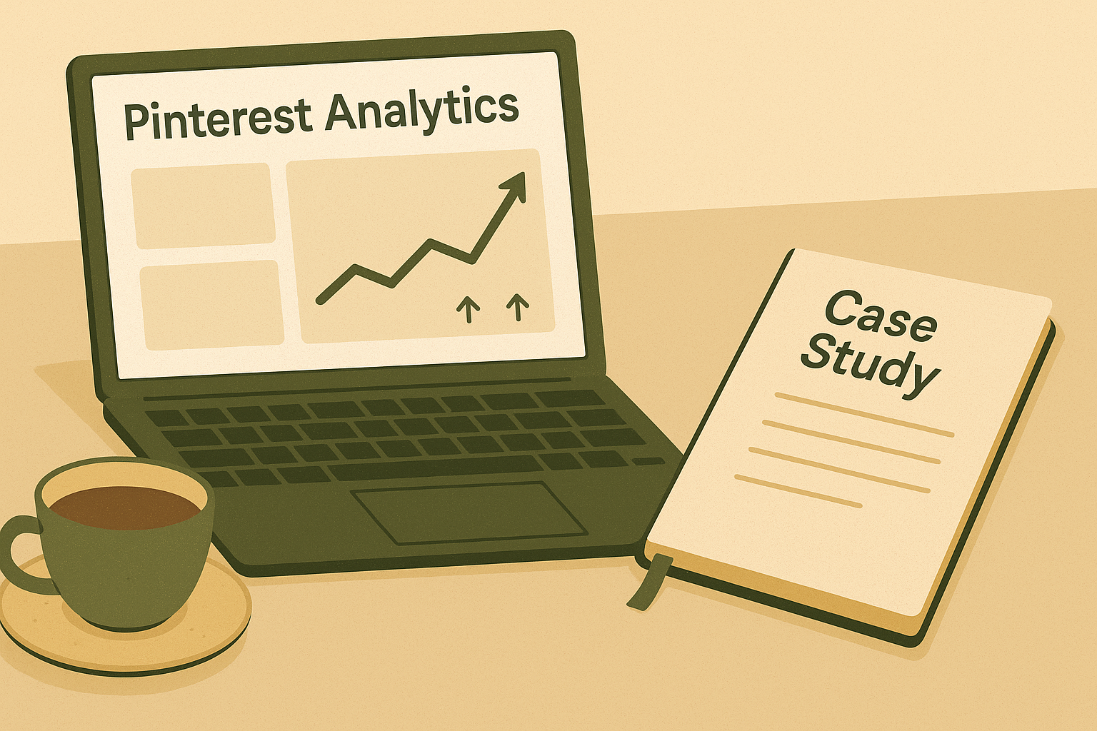 Laptop mit Pinterest Analytics und steigender Traffic-Kurve neben einem Case-Study-Notizbuch – visuelle Darstellung, wie datenbasierte Pinterest-Content-Ideen Affiliate-Einnahmen steigern und Anfängern helfen, online Geld zu verdienen.