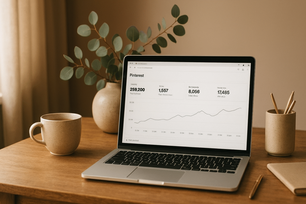 Laptop auf einem Holzschreibtisch mit geöffnetem Pinterest-Analytics-Dashboard, das wachsende Impressionen und Reichweite zeigt – Symbol für erfolgreiches Pinterest-Marketing