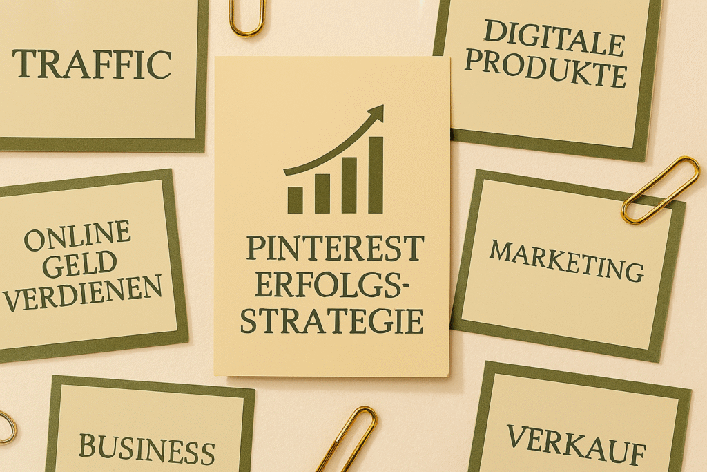 Mehrere Karten mit Begriffen wie Traffic, Online Geld verdienen, digitale Produkte, Marketing und Pinterest Erfolgsstrategie – zeigt die Bausteine einer erfolgreichen Pinterest-Strategie.
