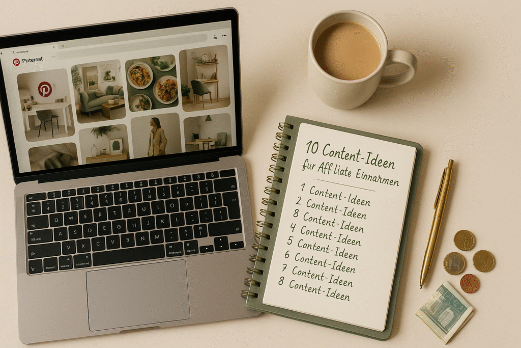 Laptop mit geöffnetem Pinterest-Feed und einem Notizbuch, in dem eine Liste mit „10 Content-Ideen für Affiliate-Einnahmen“ steht. Symbolisiert Affiliate-Marketing, Pinterest-Strategien, passives Einkommen und Content-Planung für Blog-Anfänger.
