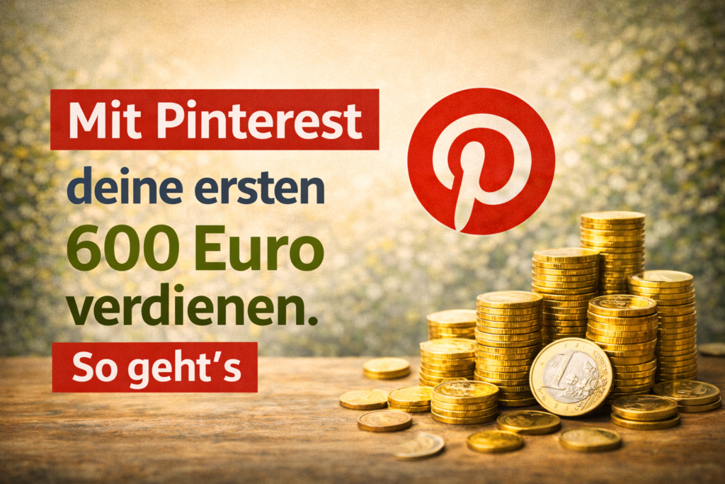Grafik mit dem Text „Mit Pinterest deine ersten 600 Euro verdienen. So geht’s“. Daneben ist das Pinterest-Logo zu sehen sowie mehrere gestapelte goldene Münzen auf einem Holztisch vor hellem, unscharfem Hintergrund.