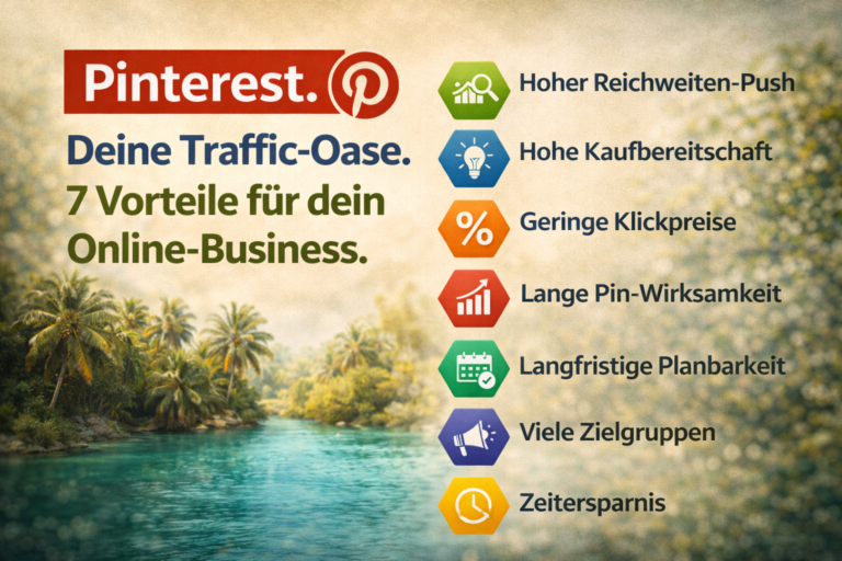 Grafik mit dem Text „Pinterest. Deine Traffic-Oase. 7 Vorteile für dein Online-Business“. Rechts daneben stehen farbige Symbole mit den Beschriftungen „Hoher Reichweiten-Push“, „Hohe Kaufbereitschaft“, „Geringe Klickpreise“, „Lange Pin-Wirksamkeit“, „Langfristige Planbarkeit“, „Viele Zielgruppen“ und „Zeitersparnis“. Im Hintergrund ist eine tropische Landschaft mit Fluss und Palmen zu sehen.